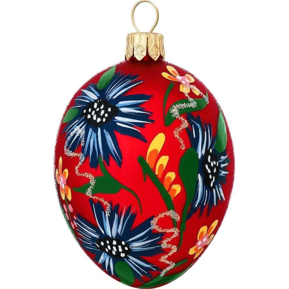 Bronners Glass Hand Painted Red Blue Flowers leaves Egg Ornament-Easter Spring